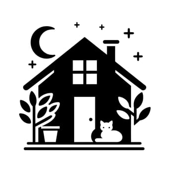 Black and white icon of cat and house. High quality photo. Home is where the cat is.