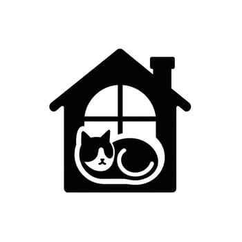 Black and white icon of cat and house. High quality photo. Home is where the cat is.