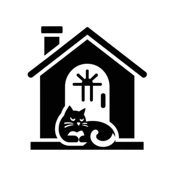 Black and white icon of cat and house. High quality photo. Home is where the cat is.