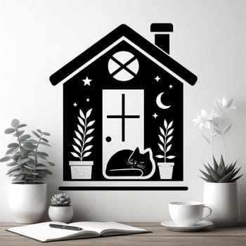 Black and white icon of cat and house. High quality photo. Home is where the cat is.