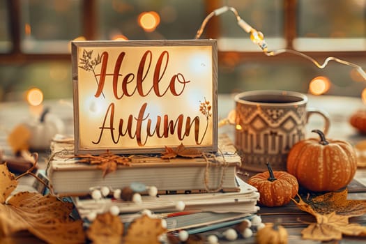 Fall backdrop. Books and dried orange maple leaves. A mug and pumpkins. Thanksgiving-themed banner. Cozy hygge-style cold weather setting. Embracing autumn with family. High quality