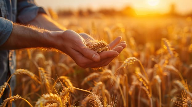 Close-up of hands holding wheat in a field, copy the place for a text banner in which a male farmer touches a golden ear of rye with his palm and inspects the harvest at sunset. High quality