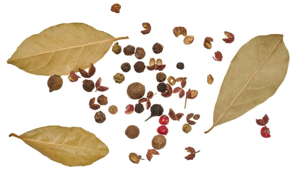 Allspice, red and black pepper on isolated background, dried kitchen seasoning