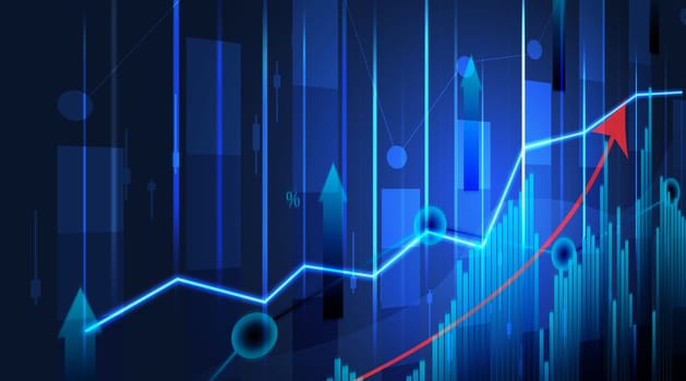 Financial chart with growing indicators, growth dynamics in business. High margin. Blue background