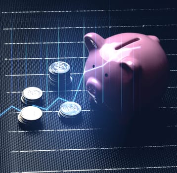 Stack of coins and a ceramic piggy bank stands on a solar panel, a graph showing savings when using renewable electricity