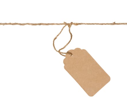 Blank brown rectangular brown paper tag on a rope  on white background, template for price, discount