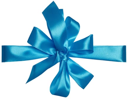 Knotted blue silk ribbon in a bow on an isolated background, decor for a gift