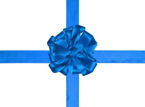 Blue ribbon with a cross and a bow on an isolated backgroun, top view