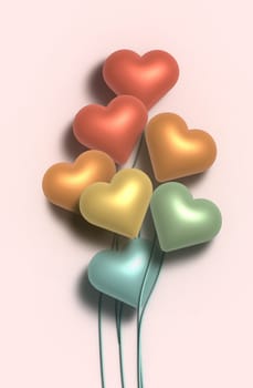 Multi-colored inflated hearts on a string, beige background. 3D rendering illustration