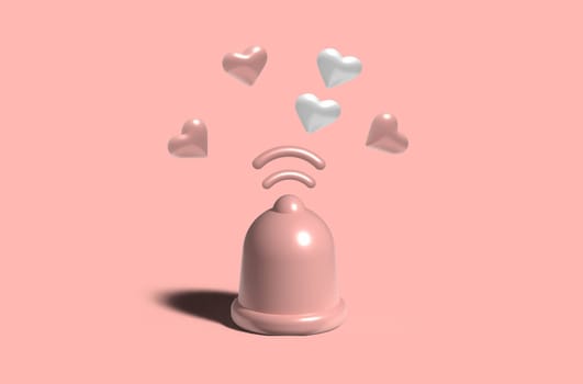 Pink bell and heart notifications, 3D rendering illustration