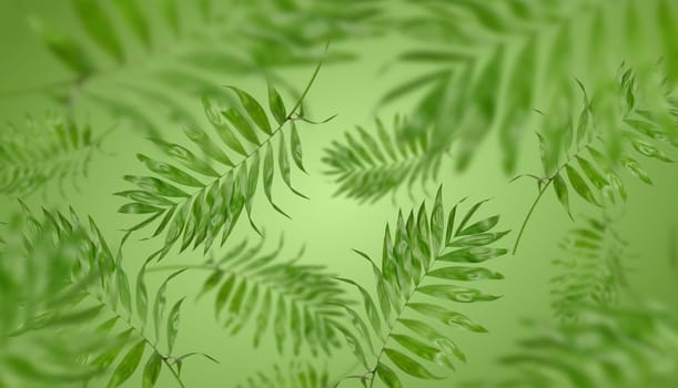 Green palm leaves levitate on a green background, sense of perspective