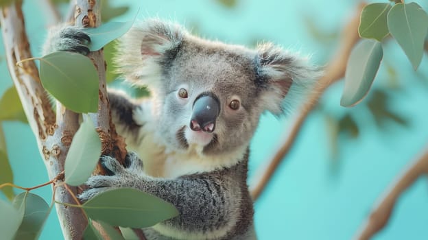 A koala, a terrestrial animal with fur, is sitting on a tree branch. It is not a carnivore like a hyena, but rather feeds on terrestrial plants like grass