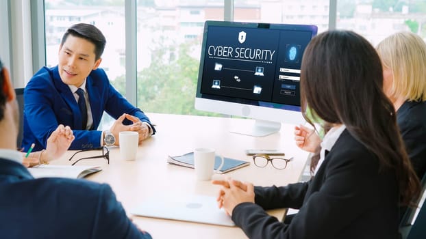Cyber security system on computer screen protect private information snugly from hacker and cyber attack