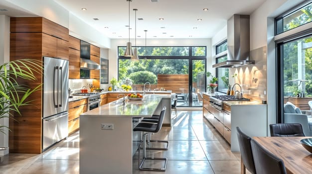 A spacious, sunlit kitchen featuring stainless steel appliances, an island with bar stools, and wooden cabinetry reflects a contemporary home design - Generative AI