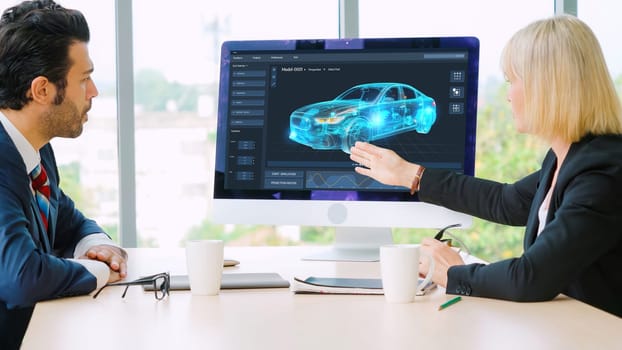 Electric car design software on computer screen showing simulation blueprint snugly by digital calculating application for manufacturing preparation
