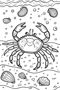A monochrome cartoon drawing of a white crab and shells in the ocean, surrounded by liquid. The artwork features a creative artsy pattern with circle shapes