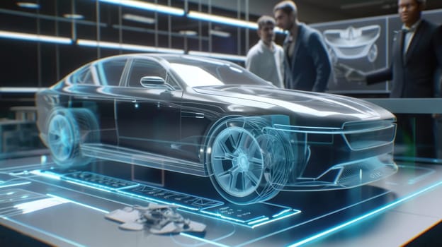 A futuristic car design is presented in a virtual showroom, illuminated by neon lights and showcasing the latest in automotive technology. AIG41