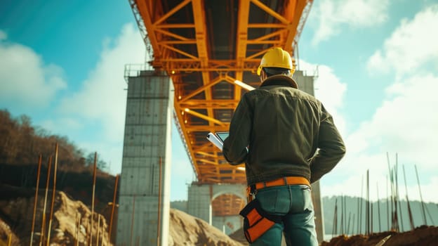 Professional civil engineer holding project plan while inspect bridge while wearing safety helmet. Skilled architect looking at blue print and standing at building structure or construction. AIG42.