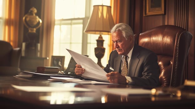 A focused executive evaluates paperwork in the prestigious setting of a wood-paneled office, reflecting professionalism and determination. AIG41