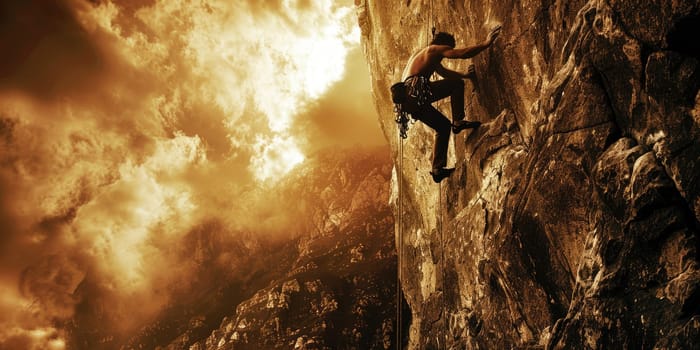 A courageous rock climber in action, scaling a cliff amidst a serene forest with the sun rising in the background. AIG58