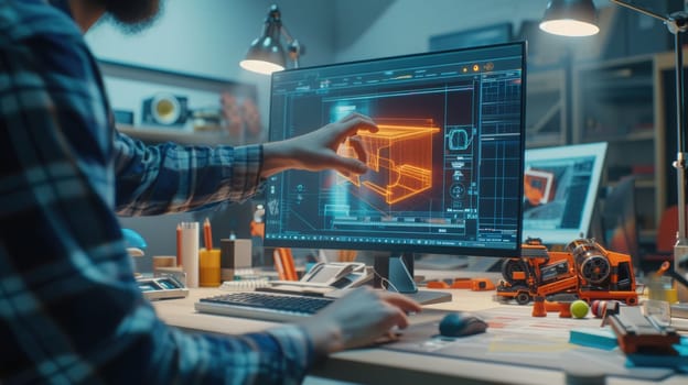 Professional digital engineer using Artificial intelligent and digital holographic to design product at modern studio. Attractive designer or inventor invent the creative innovation technology. AIG42.
