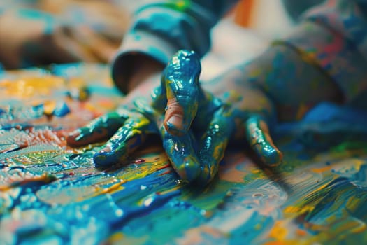 Close up of attractive elementary student hand playing stained color in art lesson. Happy children hand putting hand on paper and doing creative activity in art class. Blurring background. AIG42.