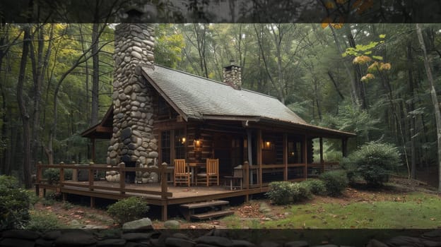 A charming wooden cabin nestled in the forest, illuminated by warm lights, creating a serene atmosphere. AIG59