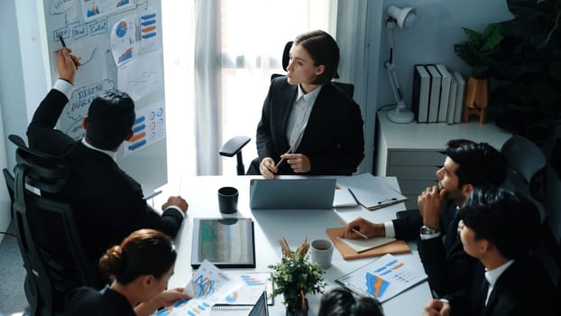 Top view of professional businesswoman pointing mind map and investment chart at whiteboard while looking at financial statistic graph. Marketing team working together to brainstorm idea. Directorate.