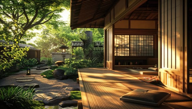 Japanese Zen garden with sliding doors creates peaceful ambiance and tranquility with lush greenery, fostering calmness AIG59