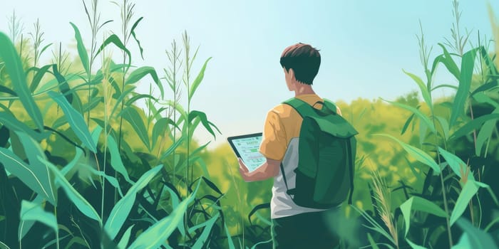 Environmental engineer holding tablet and analyzing agricultural product while standing at farm. Professional agricultural worker looking at data and checking crop by using tablet at field. AIG42.