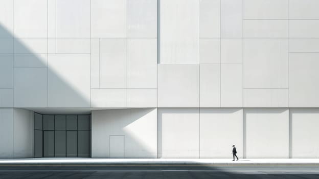 Minimalistic geometric architectural building structure with shadow and light against white wall. Image of house with white color in square design with blue clear sky. Modern home concept. AIG42.