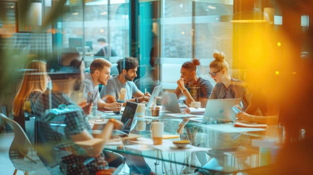 A group of creative people are sitting around a table with laptops in a group meeting business team AIG41