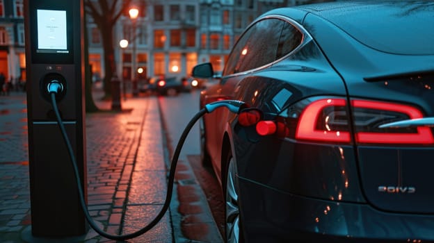 An electric vehicle is being charged at a station, while its wheels, tires, and alloy wheels rest peacefully under the hood. AIG41
