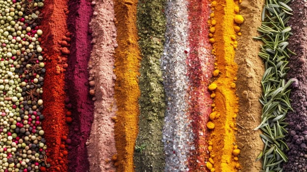 A beautiful array of vibrant spices and herbs seen from above, displaying a variety of rich textures and colors. AIG53M