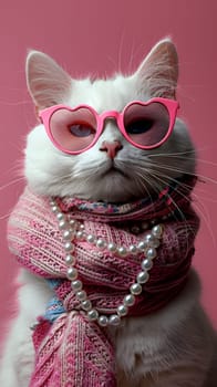 A Felidae species, small to mediumsized carnivore cat, with pink fawn fur, whiskers, wearing heartshaped glasses, a scarf, pearl necklace, and a collar around its snout