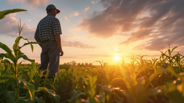 Portrait of farmer working at vegetable garden in sunset with golden ray. Smart agricultural people or researcher checking his crop while standing at farm. Agriculture sustainable concept. AIG42.