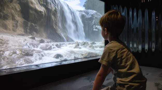 Smart children learning about science while hydroelectric innovation at exhibition or museum. Diverse attractive kid or elementary student looking at innovation. Creative learning concept. AIG42.