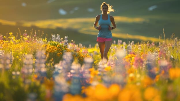 A female athlete in vibrant sportswear runs energetically through a field adorned with colorful wildflowers during a race. AIG41