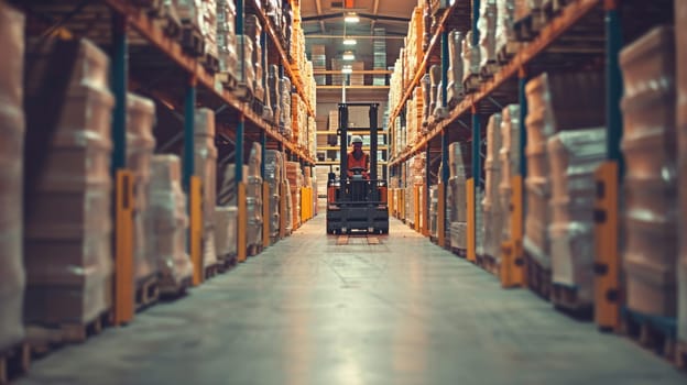 A man operates a forklift in a warehouse, transporting goods amidst shelves of building materials and wooden flooring. AIG41