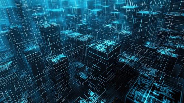 Abstract cityscape made of blue glowing cube and lines. Digital art of tower or skyscraper with blue color. 3D rendering image. Futuristic architecture and technology concept for wallpaper. AIG53F.