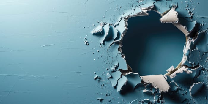 Close up view picture of the hollow blue hole on the the wall that show the breaking part of the wall that has been made from strong material yet still can be break to look through other side. AIGX03.