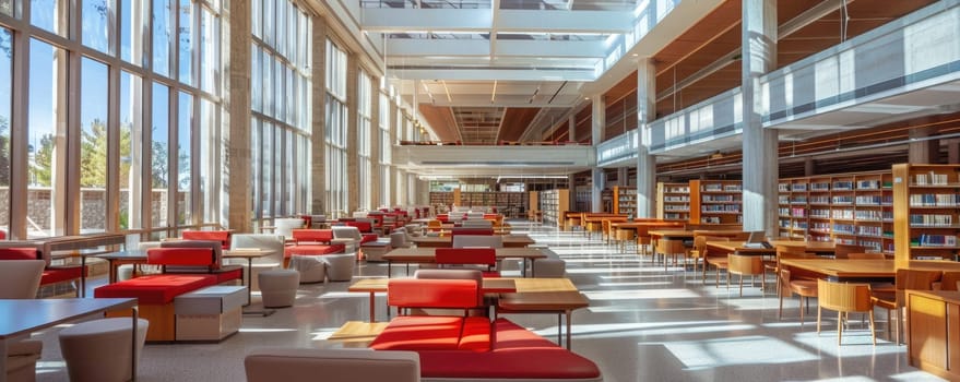 A serene and modern library interior featuring wooden tables, bookshelves, and large windows with natural light. AIG59