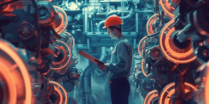 Smart engineer checking iron machine in factory while wearing safety helmet. Professional industrial worker repairing or examining machinery part or turbine machine while holding chart form. AIG42.