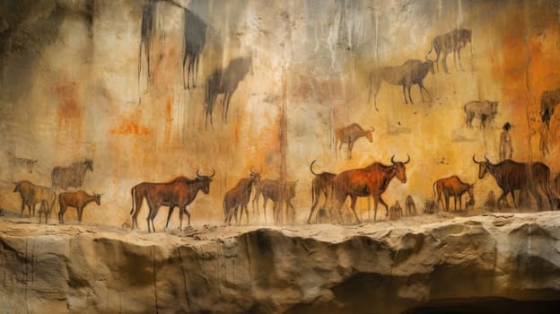 Abstract cave painting record about encounter or hunting wild animal with paleolithic period style. Stone age mural represent archeology education about art technique of prehistoric tribe. AIG35.