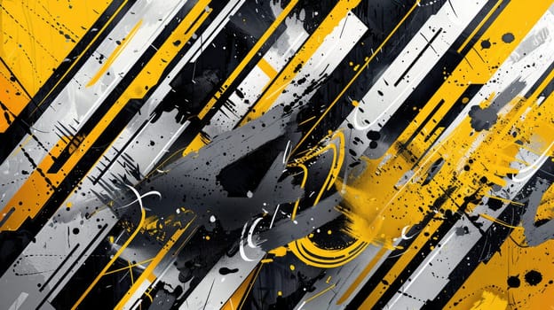 Abstract yellow and black paint splatter on textured background. Digital artwork or abstract image of yellow and black water color brushstroke. Modern art and design concept for wallpaper. AIG53F.