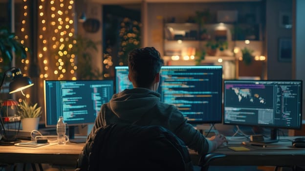Back view of professional software developer coding program or engineering prompt. Skilled programmer typing computer and laptop while developing system with blurring background. Technology. AIG42.