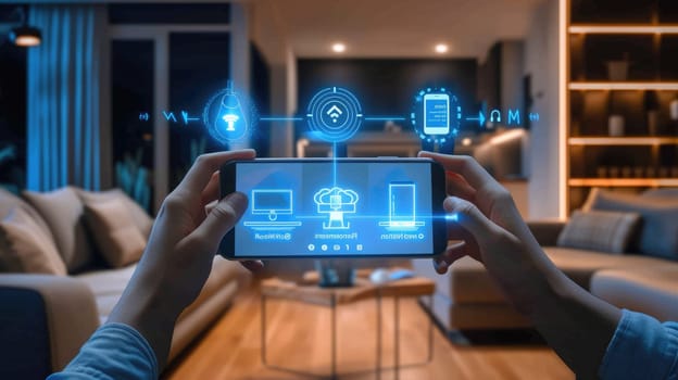 Hands hold a device with a smart home control interface, symbolizing the seamless connection between technology and home automation. AIG41