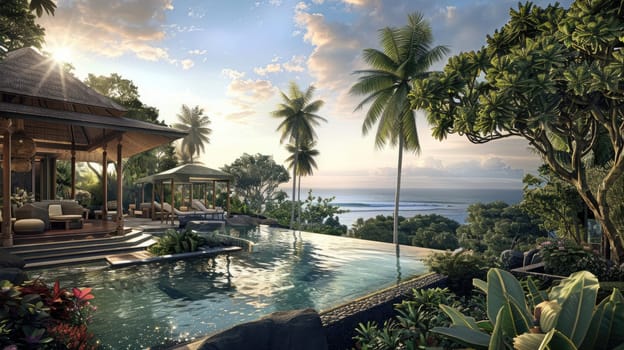 Luxurious infinity pool overlooking a tropical coastline with lush palm trees and serene ocean views. AIG59