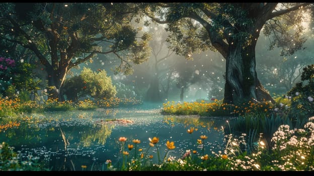 Experience the beauty of a forest lit by glowing lights, blooming flowers, and a tranquil pond under the twilight sky AIG59