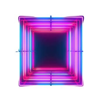 Abstract picture of mysterious geometric shape portal with digital style neon light reflecting set against dark tone background, create futuristic visual ideal for design science fiction frame. AIG35.